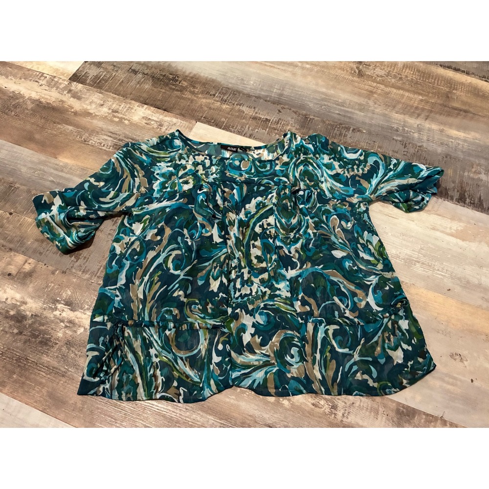 ana A New Approach Womens Large Green Blue Paisley Sheer Chiffon Babydoll Blouse